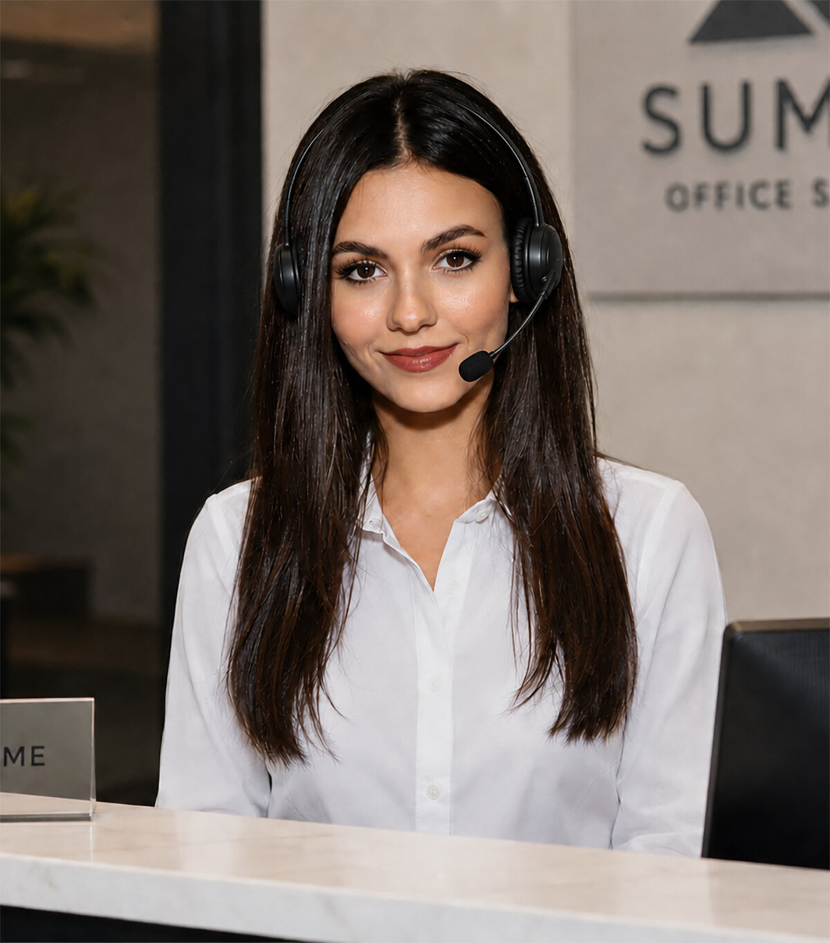 Victoria, a friendly receptionist wearing a headset at a bright modern desk